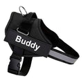 Black adjustable dog harness with reflective trim and custom name patch reading Buddy