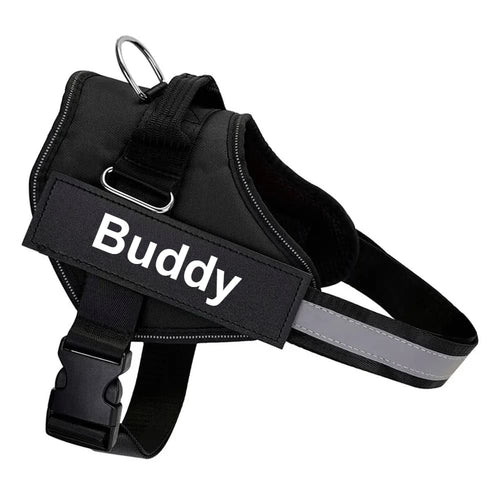 Black adjustable dog harness with reflective trim and custom name patch reading Buddy